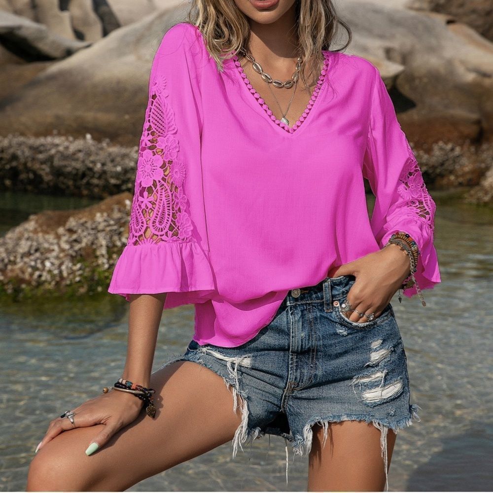 New Boho Crochet Flounce Sleeve Blouse Shirt Top Half Sleeve V-Neck Hot Pink